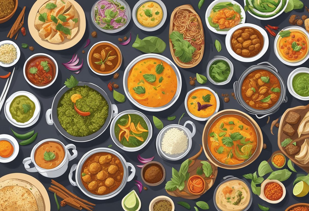 A colorful array of Indian vegetarian dishes on a table in a bustling Singapore restaurant. Aromatic spices fill the air as diners savor the exotic flavors