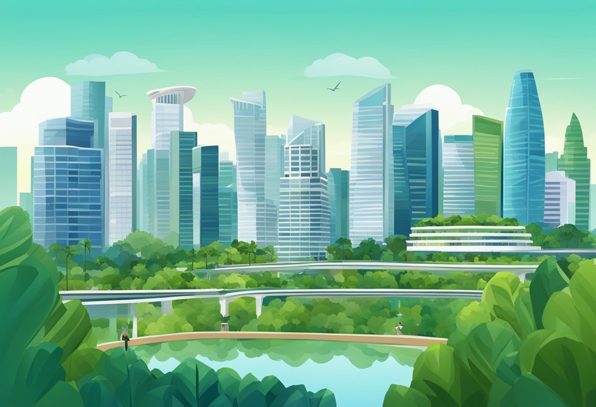 Cityscape of CapitaSpring Singapore with modern skyscrapers and lush greenery