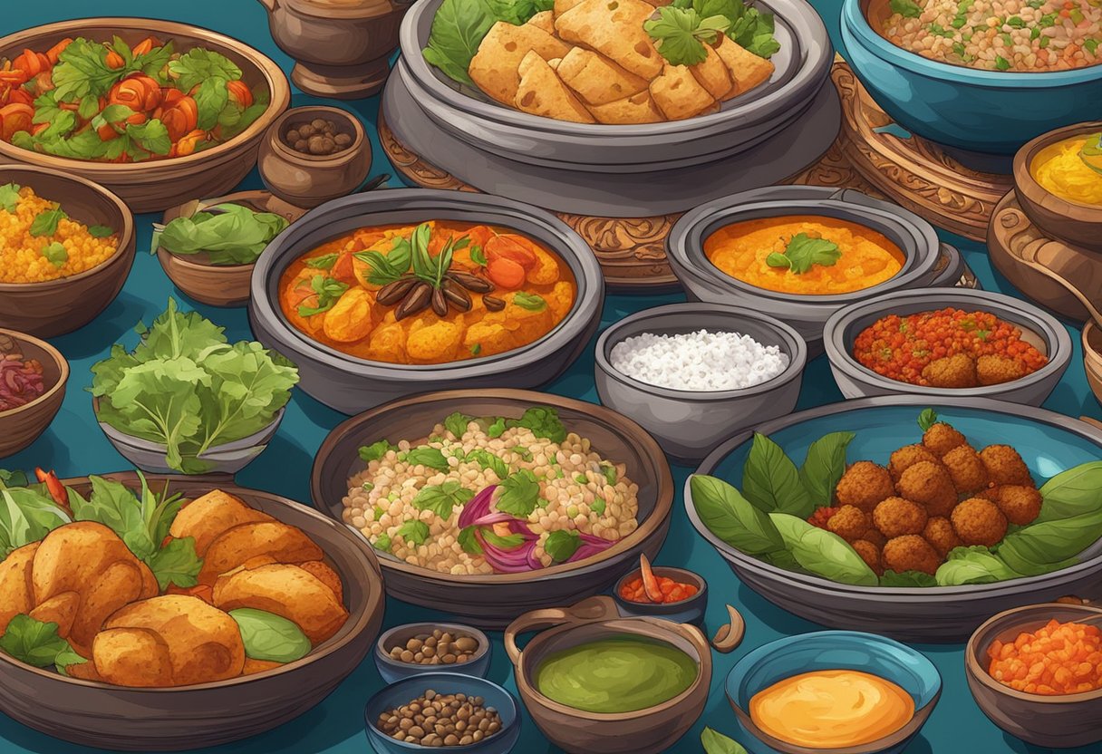 Tables set with colorful Indian dishes, surrounded by vibrant decor and aromatic spices in a bustling Singaporean vegetarian restaurant