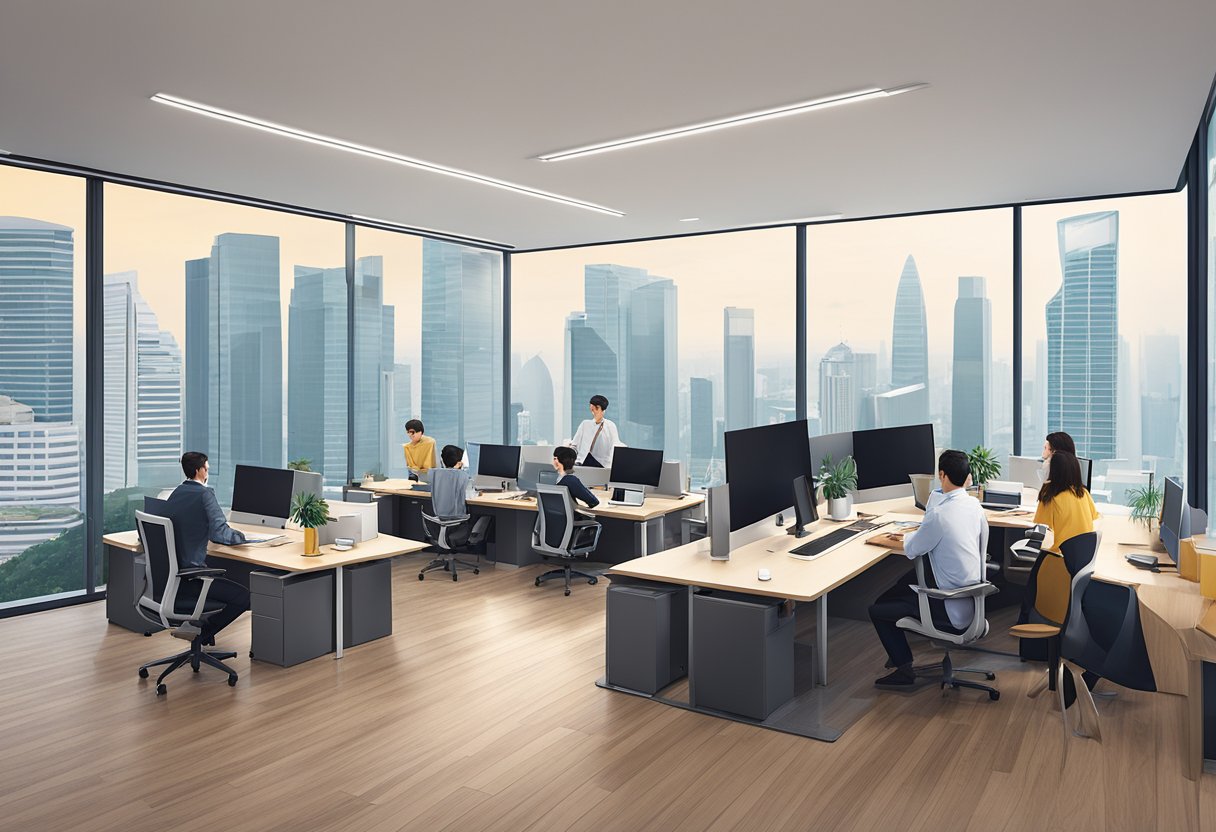 Busy professionals in a modern office space with panoramic views of Singapore's skyline. Collaborative work areas, sleek design, and natural light create a dynamic and productive environment at CapitaSpring