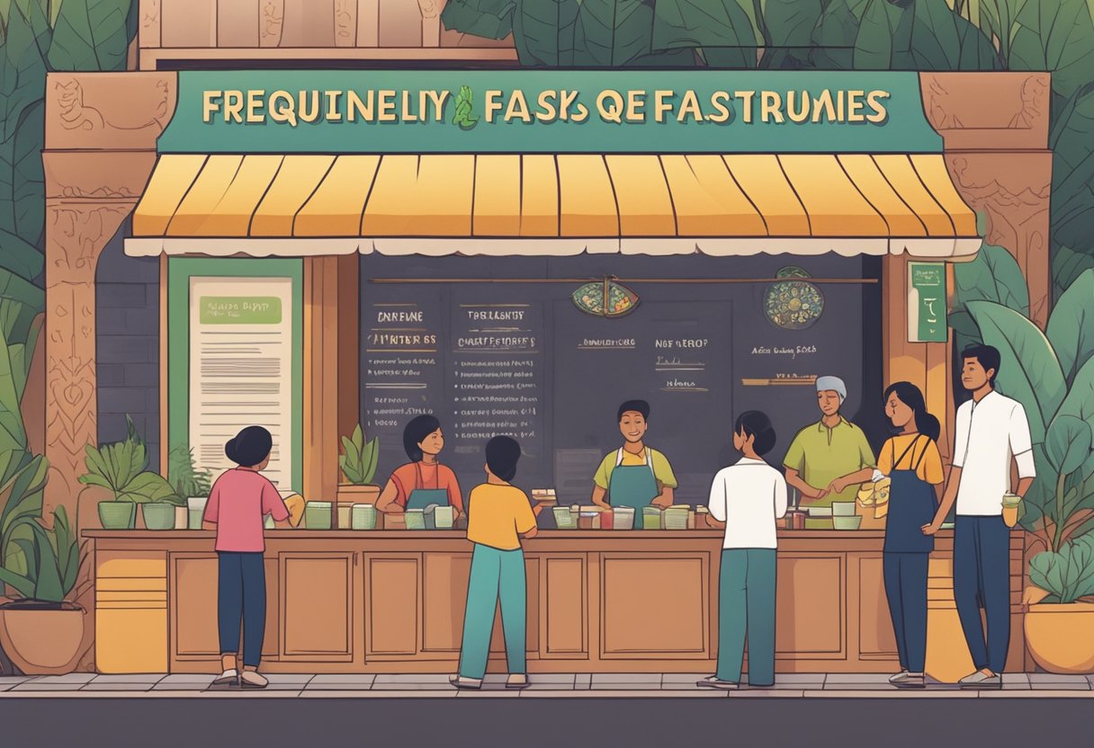 Customers line up at an Indian vegetarian restaurant in Singapore, reading a sign that says "Frequently Asked Questions." The aroma of spices fills the air