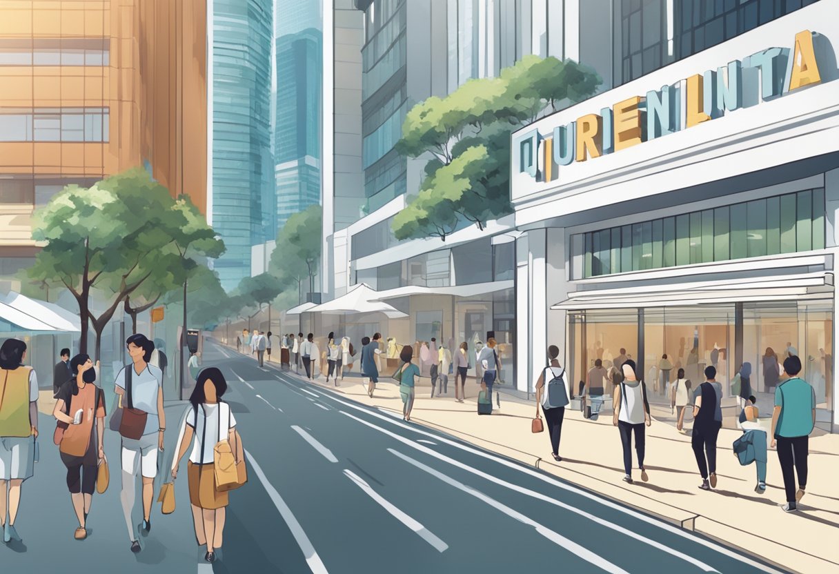 A bustling city street with a prominent "Frequently Asked Questions" sign outside a building labeled "Capita Spring Singapore." Pedestrians walk by