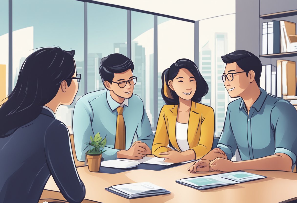 A family sits around a table, discussing life insurance options with a Singaporean agent in a modern office setting