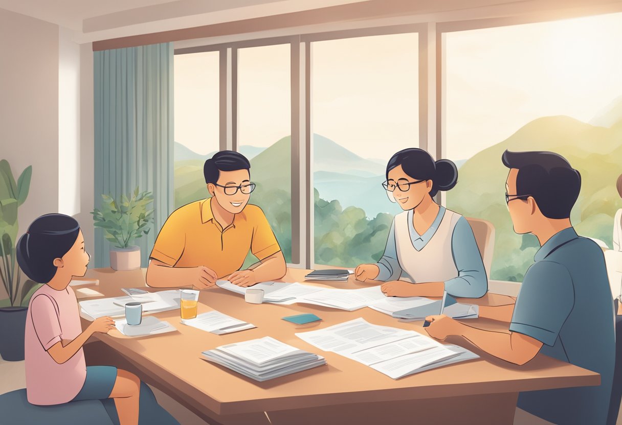 A family sits around a table, discussing life insurance options in Singapore. Brochures and paperwork are scattered across the table. The room is filled with natural light, creating a warm and inviting atmosphere