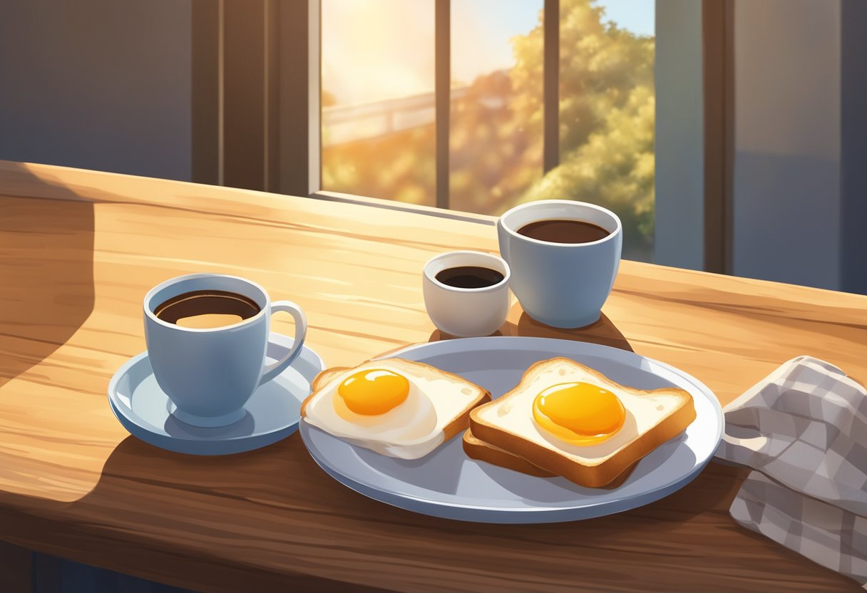 A plate of kaya toast sits on a wooden table with a side of soft-boiled eggs and a cup of strong coffee. The morning light streams in through the window, casting a warm glow on the scene