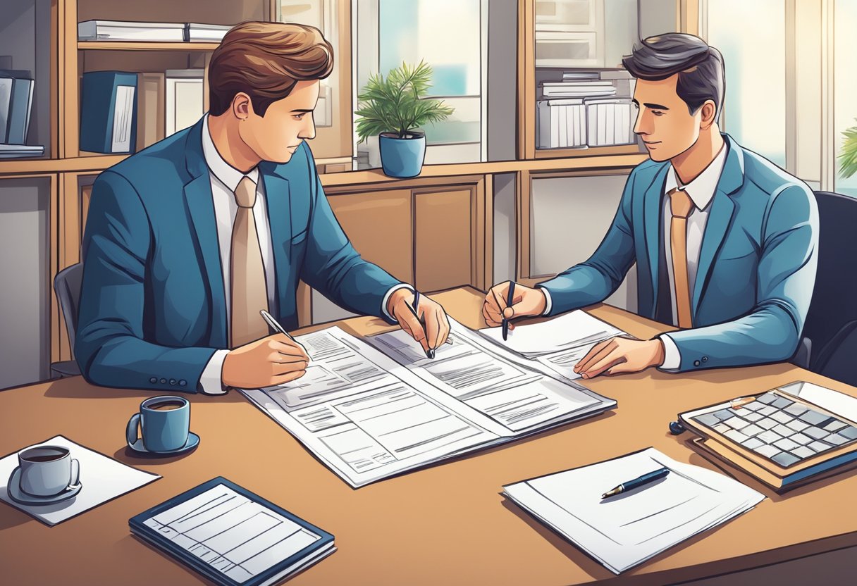 A person buying life insurance from an agent, discussing policy options and signing documents at an office desk