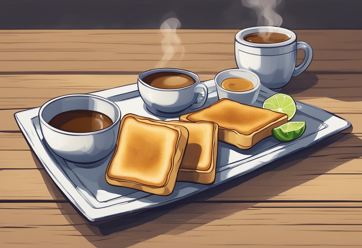 A plate of kaya toast sits on a rustic wooden table, accompanied by a cup of steaming hot kopi. The toast is evenly spread with a generous layer of creamy kaya, emitting a tantalizing aroma