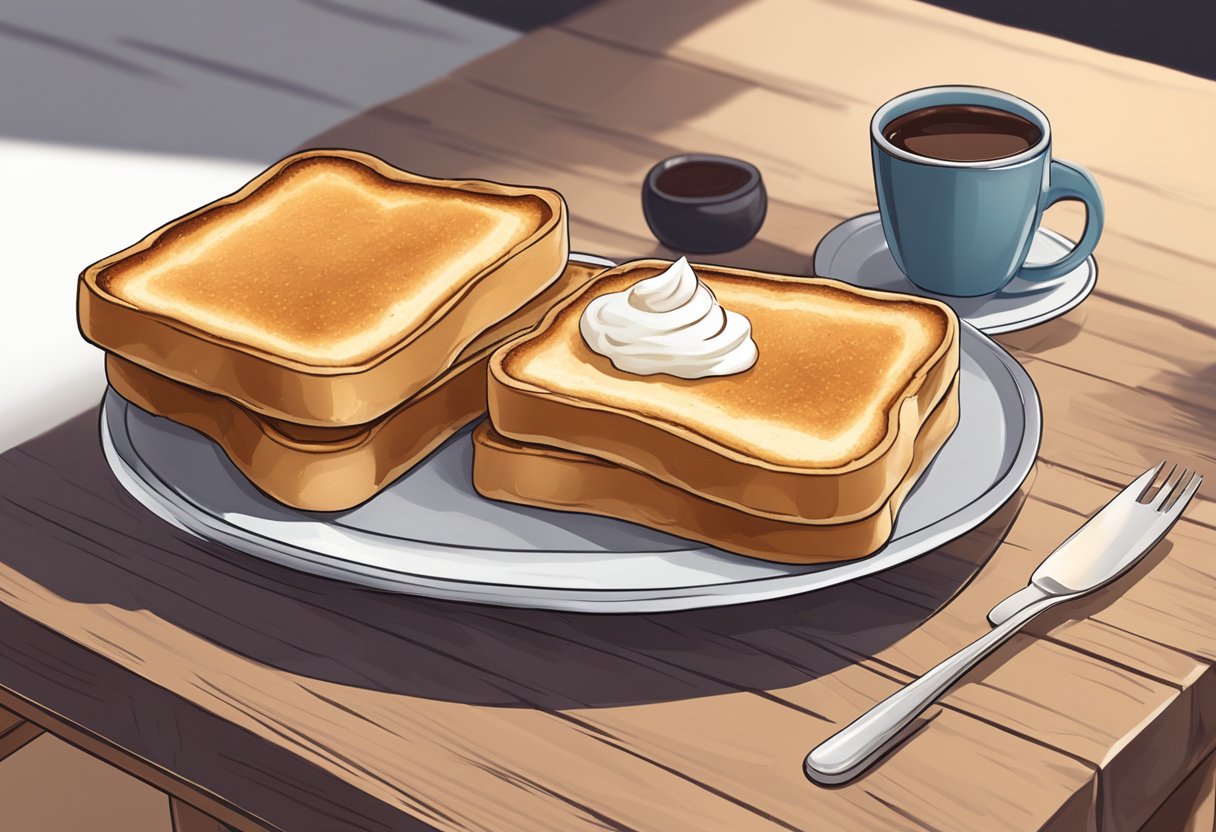 A plate of kaya toast sits on a wooden table, accompanied by a cup of hot coffee and a small dish of creamy kaya spread