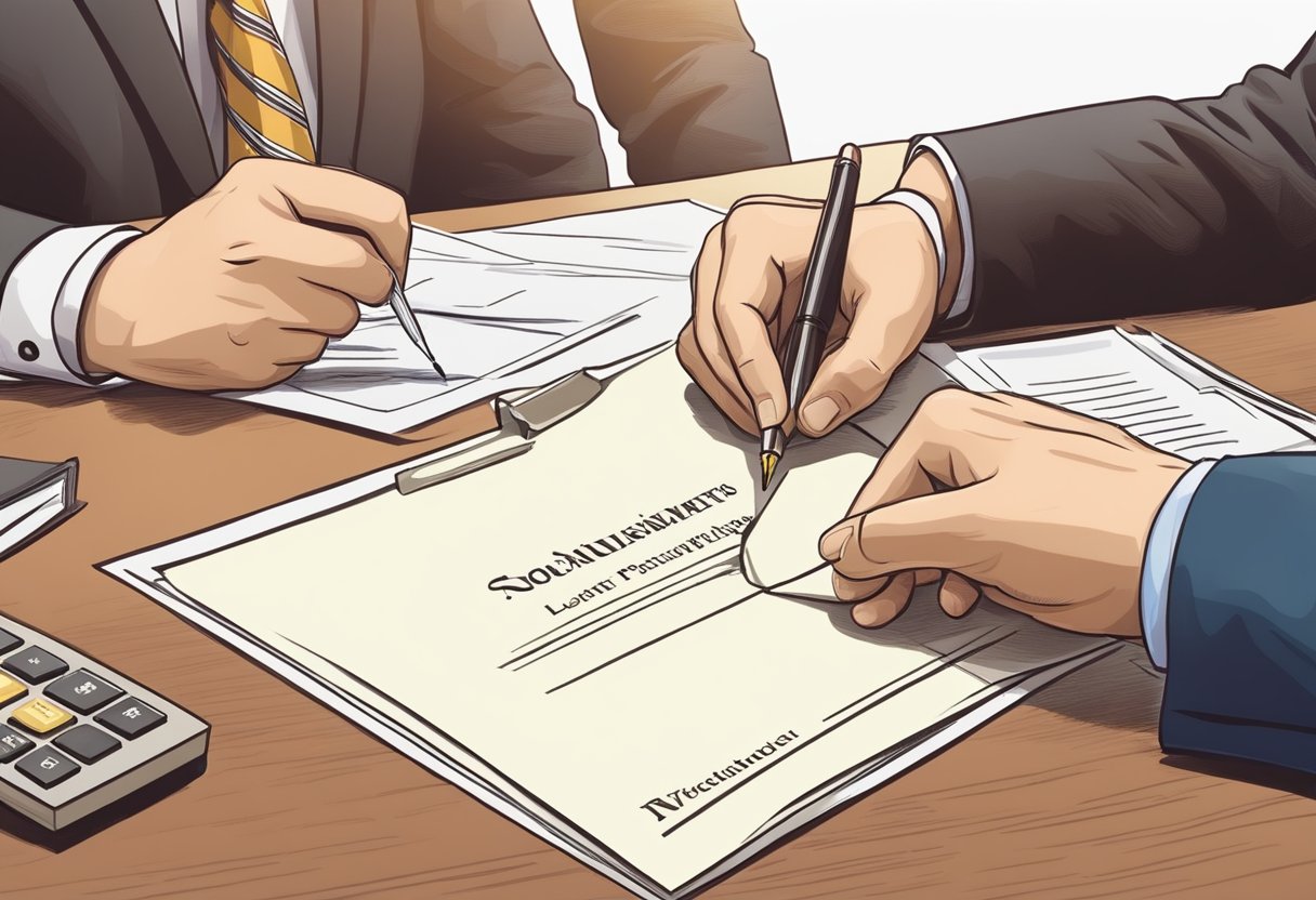 A person signing a legal document with a notary stamp and a lawyer present
