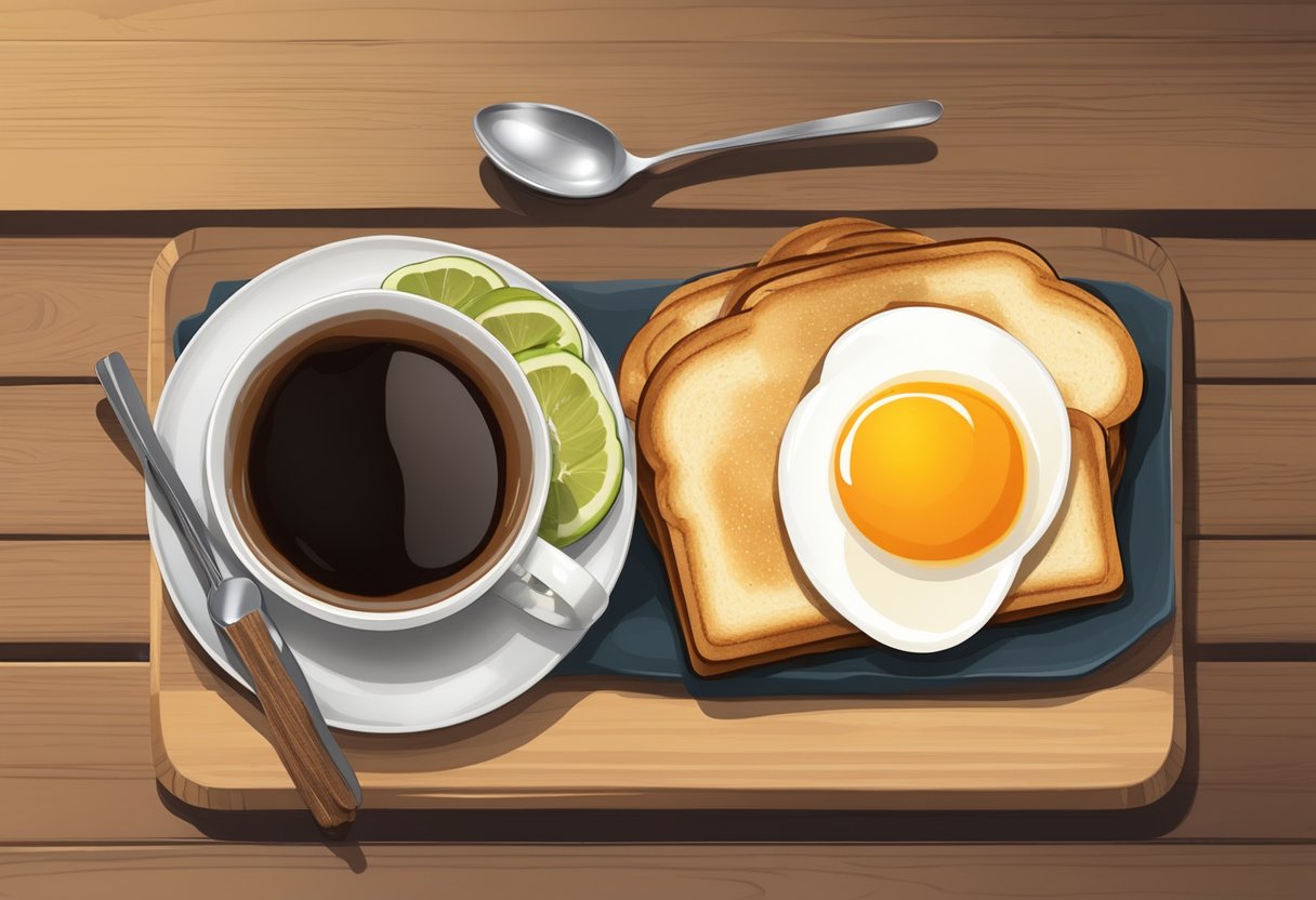 A plate of kaya toast with a side of soft-boiled eggs, a cup of hot coffee, and a small dish of dark soy sauce on a wooden table