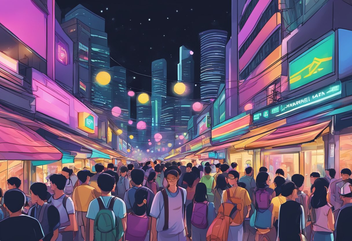 A bustling Singapore street at night, with vibrant neon lights and bustling crowds, capturing the energy and excitement of the city