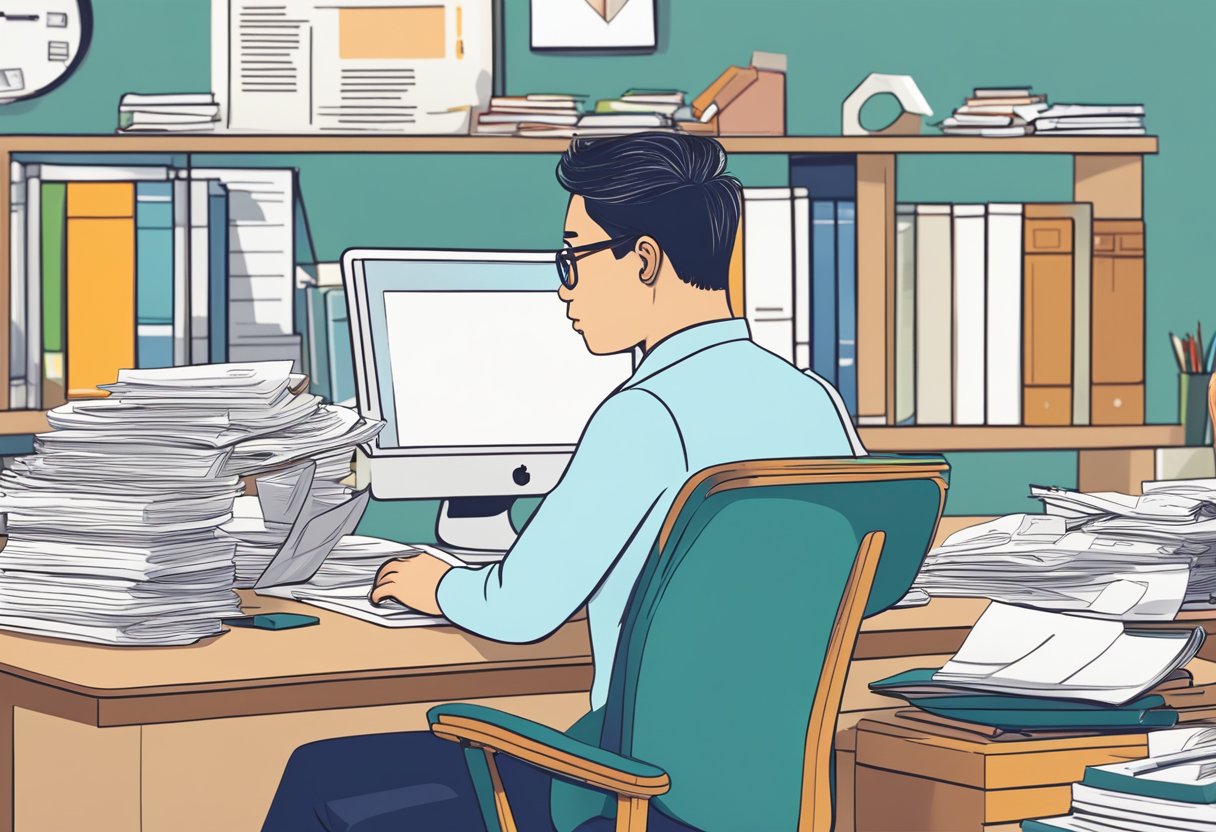 A person sitting at a desk, filling out legal forms for an LPA in Singapore. The desk is cluttered with papers and a computer