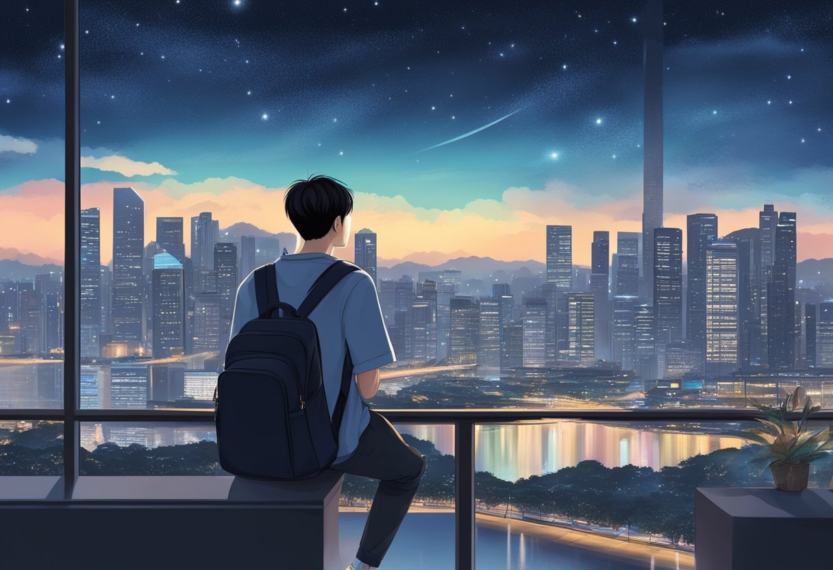 Cha Eun-Woo gazes at the night sky in Singapore, surrounded by twinkling city lights and the tranquil beauty of the urban landscape
