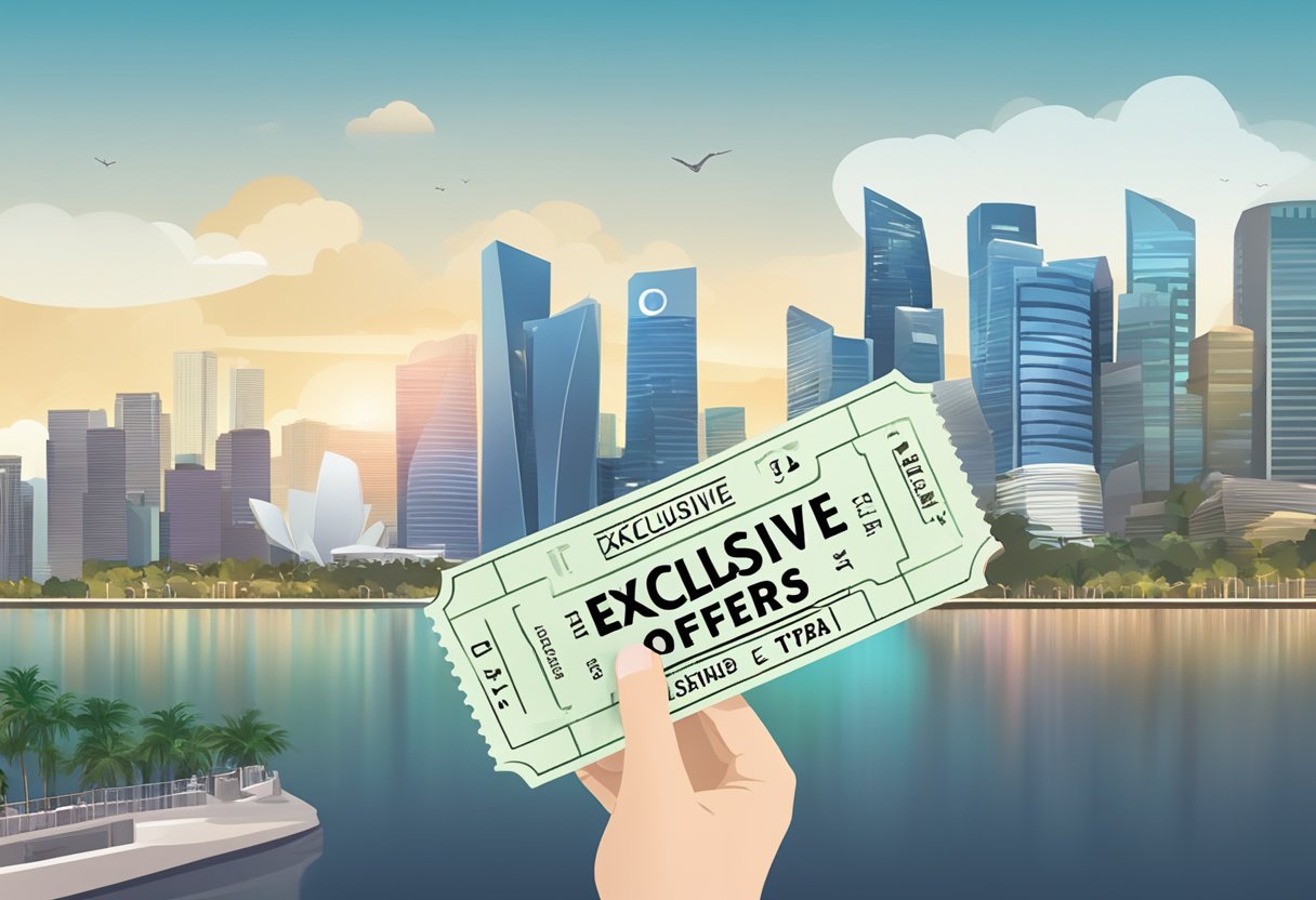 A hand holding a ticket with "Exclusive Offers" written on it, against a backdrop of the Singapore skyline