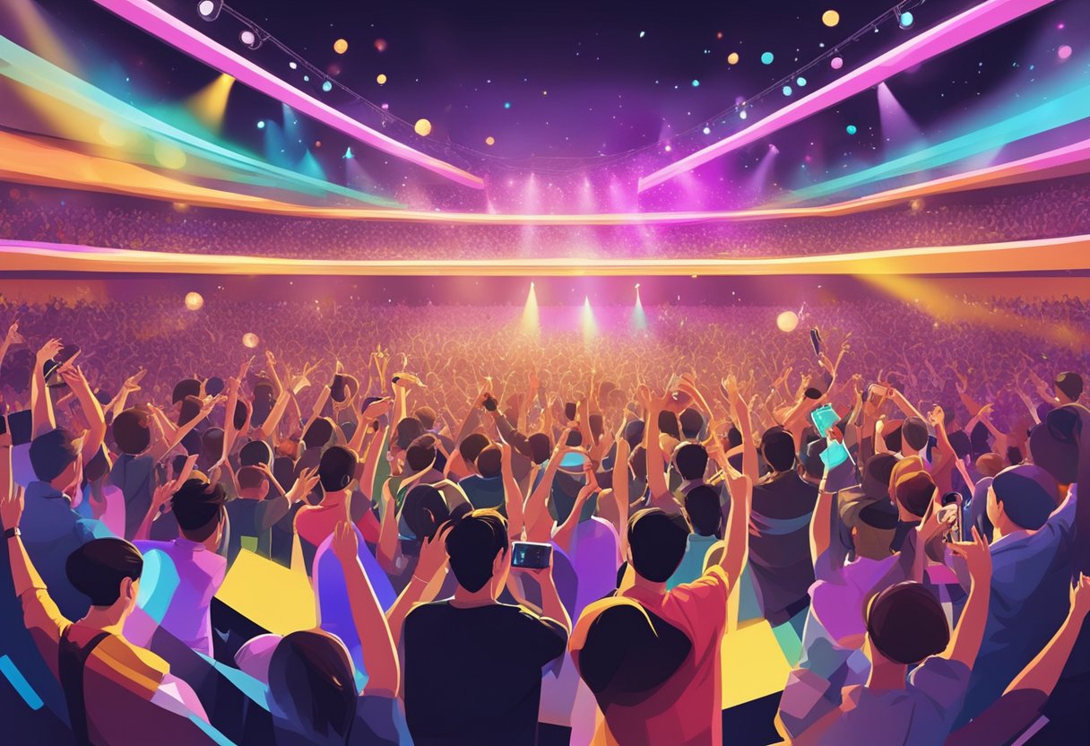 A lively mandopop band performs on stage in Singapore, surrounded by colorful lights and enthusiastic fans