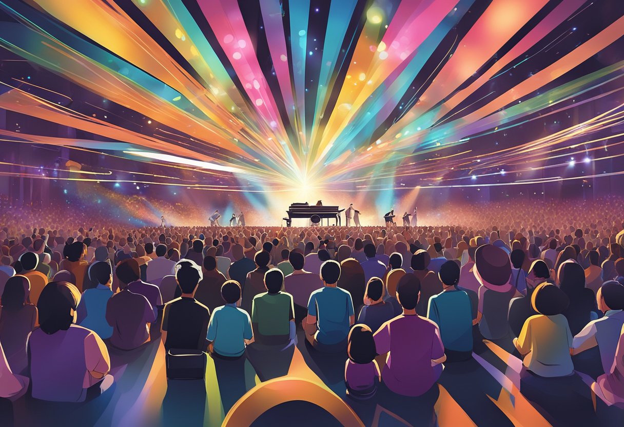 Crowds sway to the rhythmic beats as colorful lights illuminate the stage. Instruments fill the air with melodic tunes, creating an electrifying atmosphere at a Mandopop live band performance in Singapore