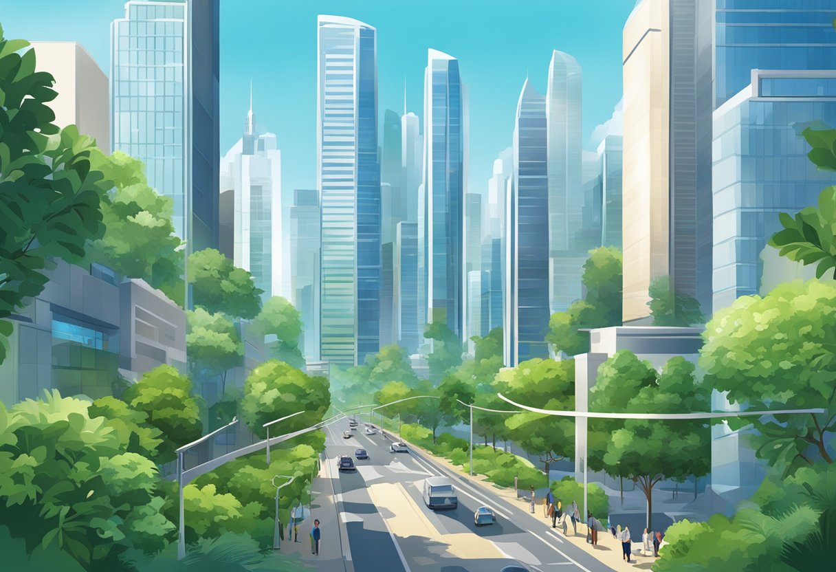 A bustling cityscape with modern skyscrapers and lush greenery, set against a clear blue sky
