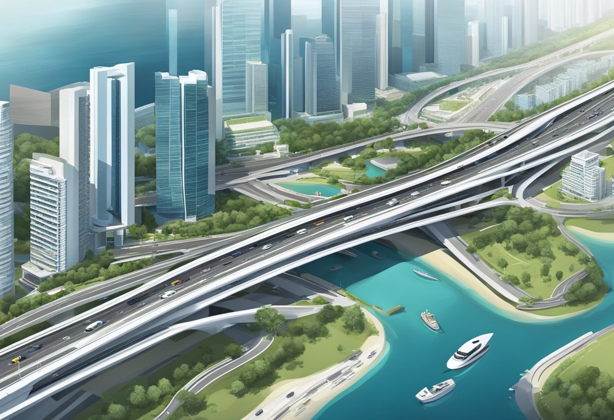 Aerial view of Marina Coastal Expressway in Singapore, with sleek, modern architecture and traffic flowing smoothly