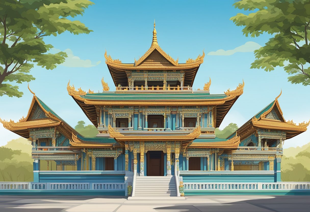 A Burmese temple in Singapore, adorned with intricate carvings and colorful decorations, stands tall against a clear blue sky