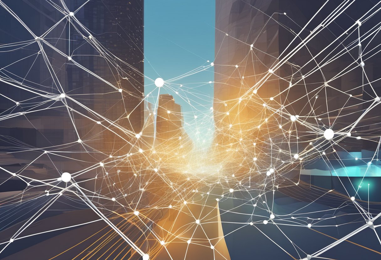 A web of interconnected lines and nodes radiating outwards, symbolizing the impact of connectivity in a futuristic cityscape