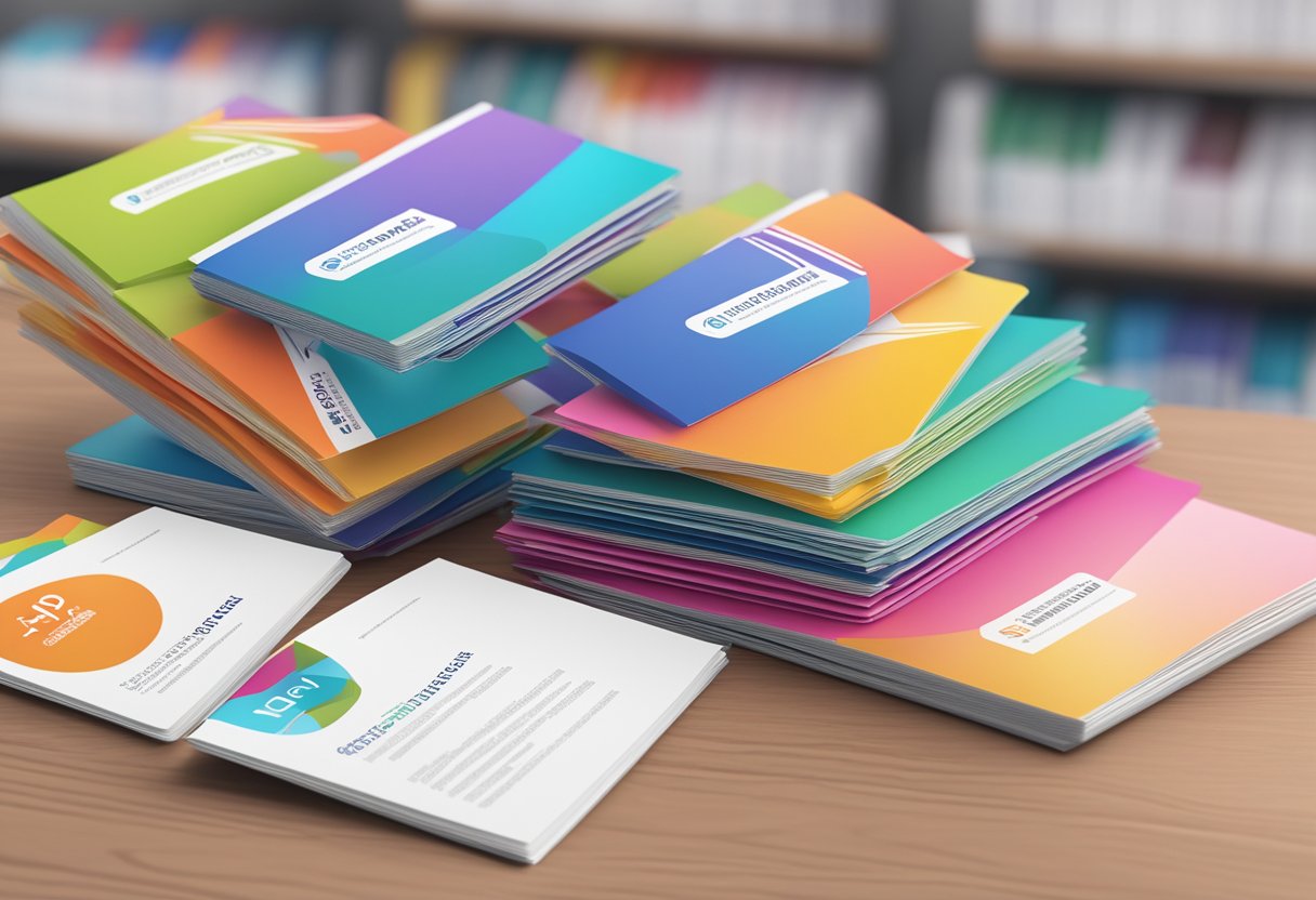 A stack of colorful FAQ brochures on a sleek desk with the company logo in the background