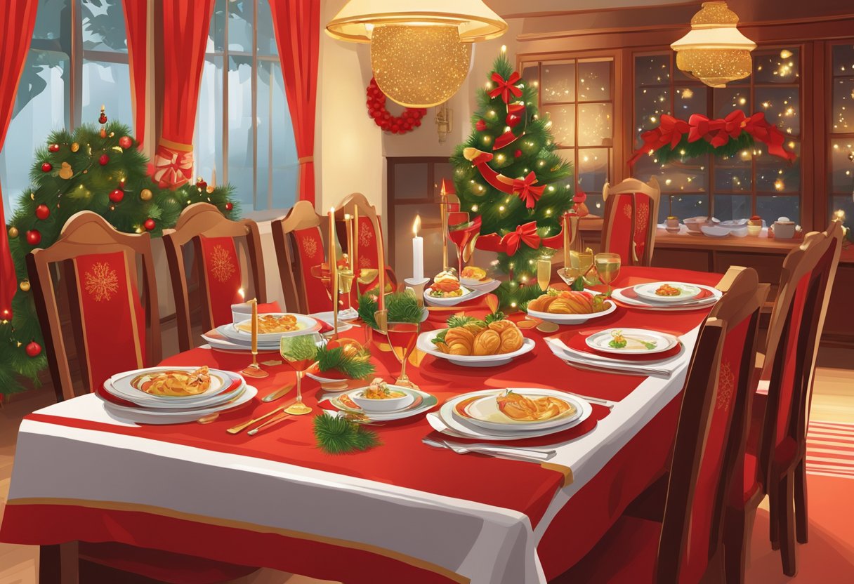 A festive table set with traditional Christmas dishes in a Singaporean home. Red and gold decorations adorn the room, and a warm, inviting atmosphere fills the space