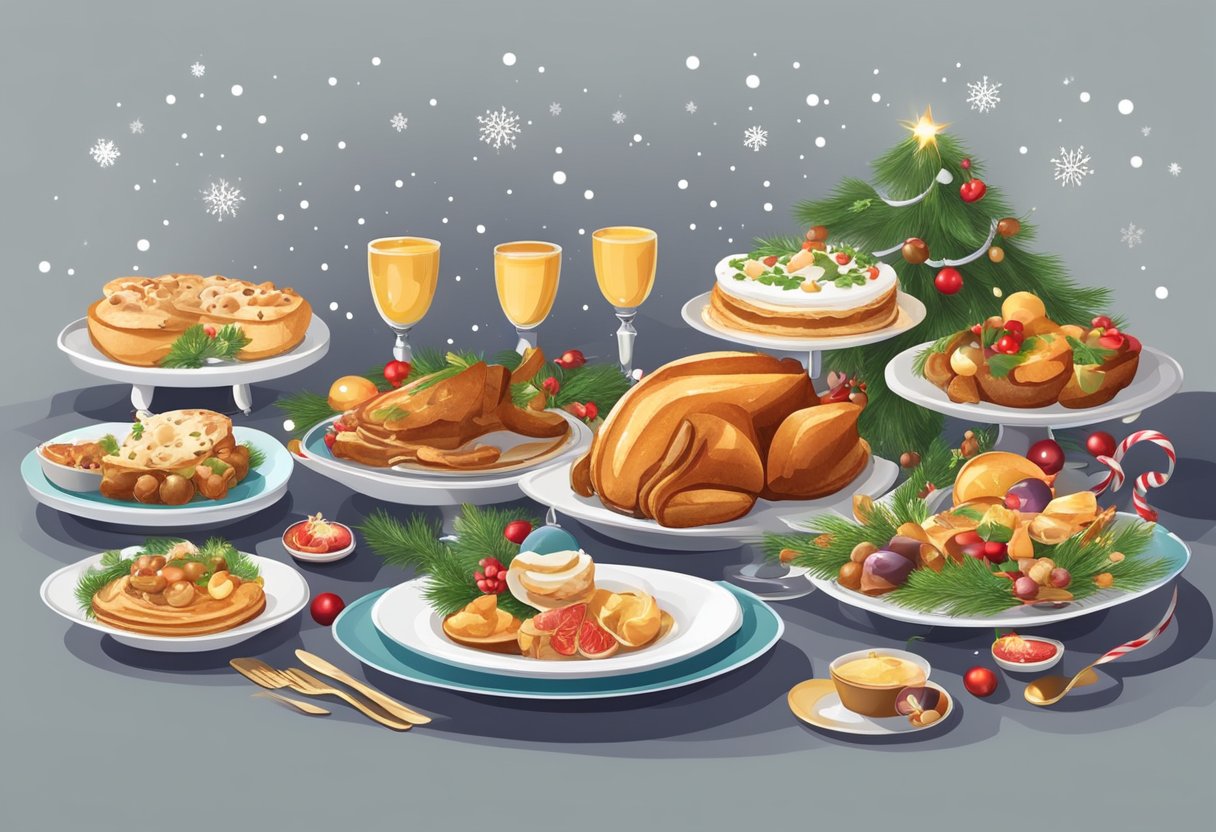 A festive table set with a variety of traditional and modern Christmas dishes, surrounded by cheerful decorations and twinkling lights