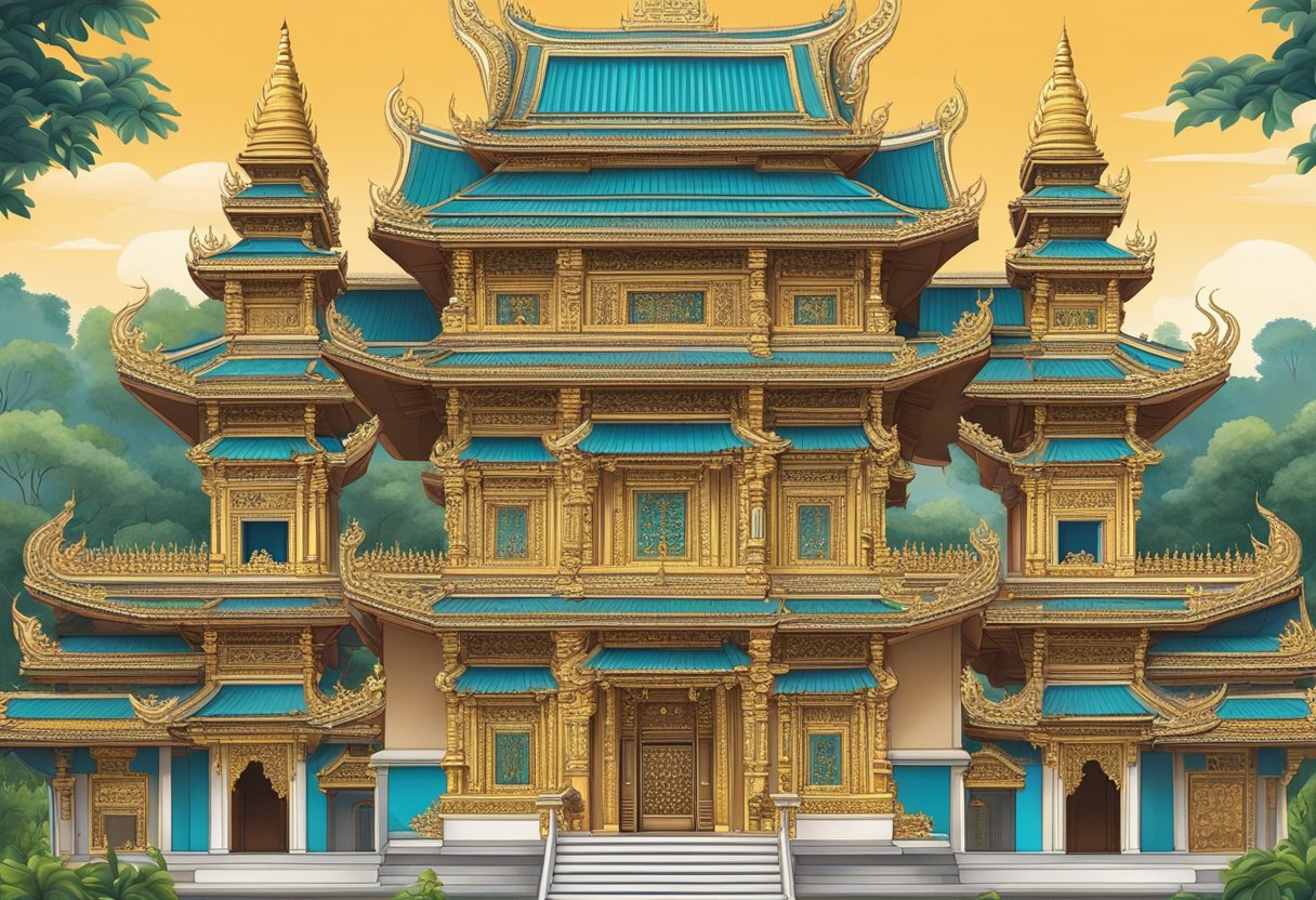 A Burmese temple in Singapore, adorned with intricate carvings and golden artifacts, stands majestically against a clear blue sky