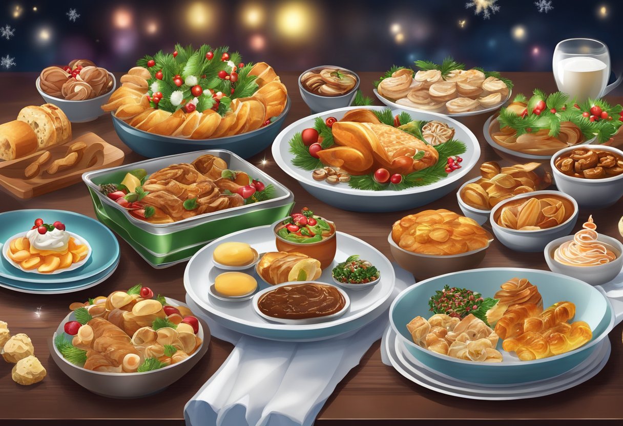 A beautifully decorated table adorned with festive Christmas menus and delicacies, showcasing a variety of mouthwatering dishes and treats for a special holiday dinner in Singapore