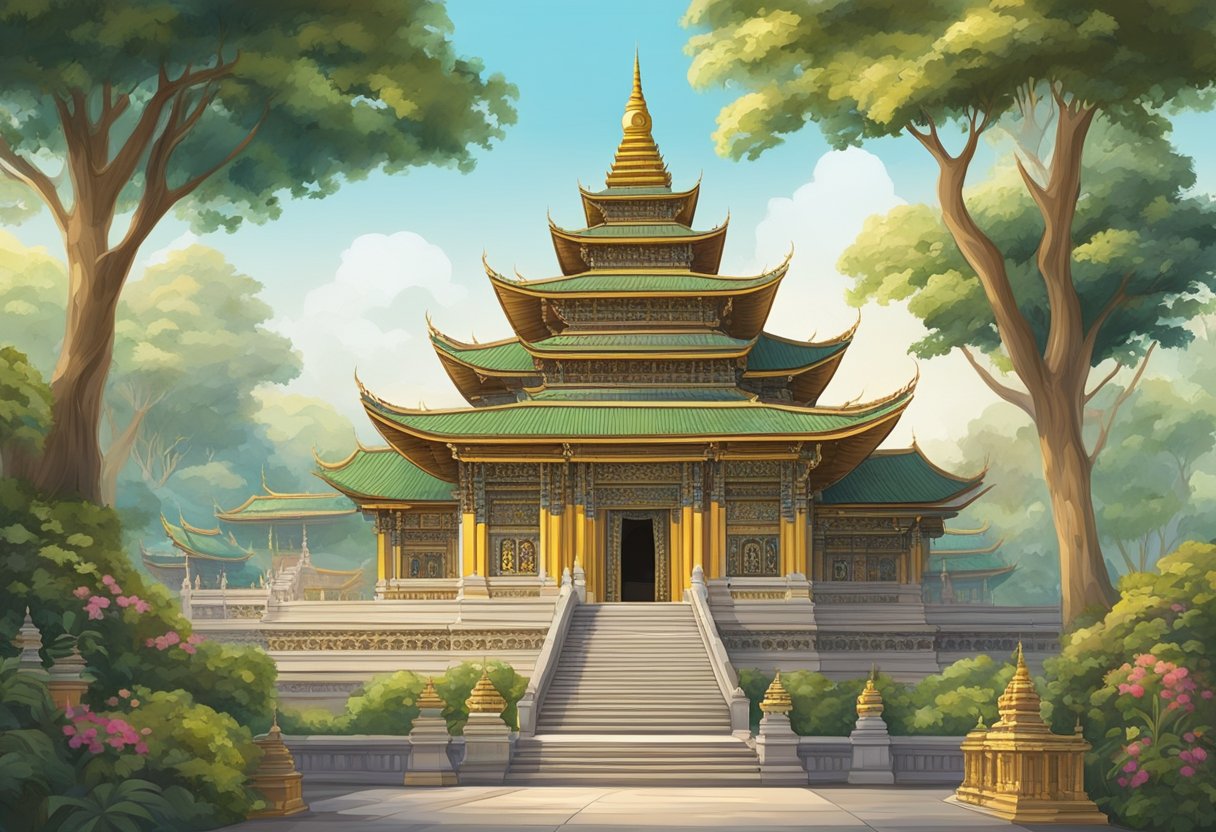 A majestic Burmese temple in Singapore, with intricate carvings and colorful decorations. Visitors asking questions to monks and admiring the serene atmosphere