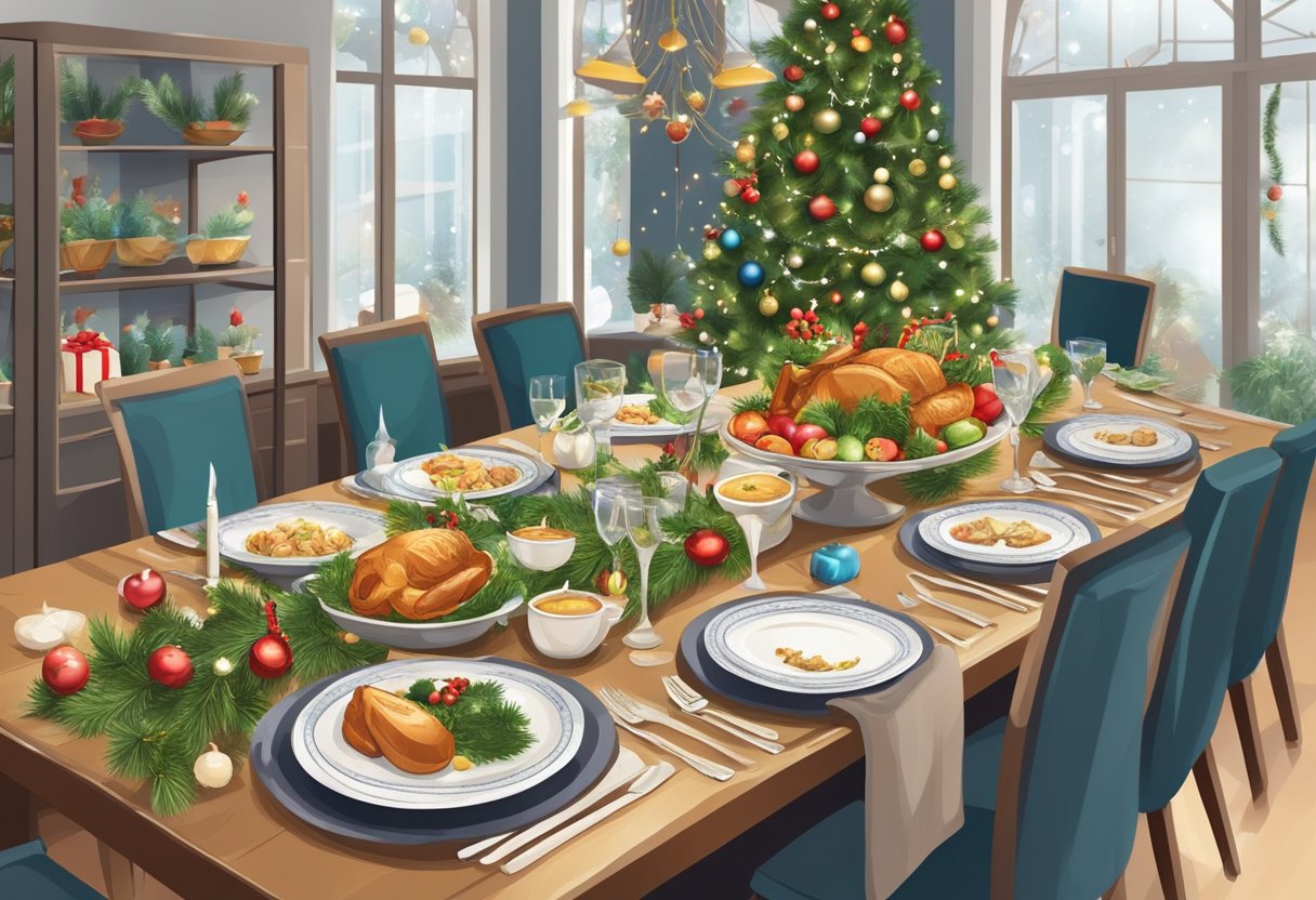 A beautifully decorated Christmas dinner table in Singapore, with festive centerpieces and traditional dishes, ready to welcome guests
