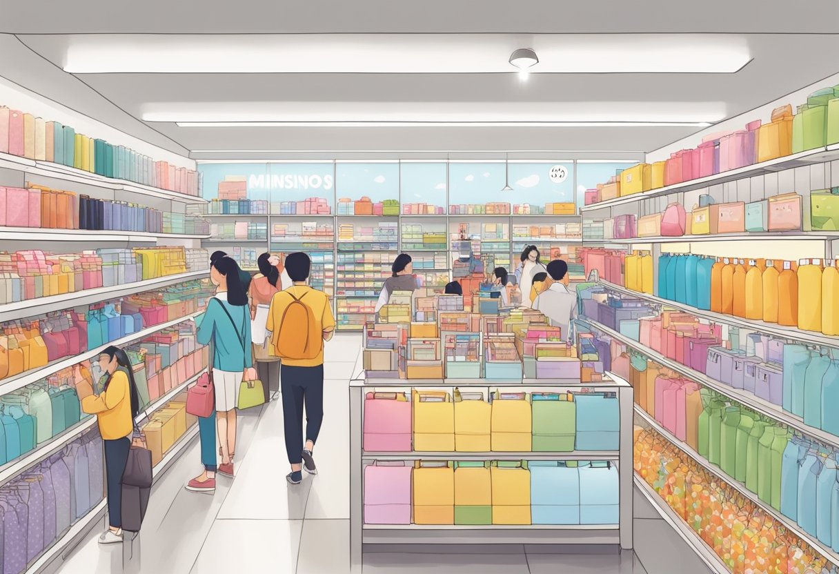 A crowded Miniso outlet in Singapore with shelves of colorful products and customers browsing