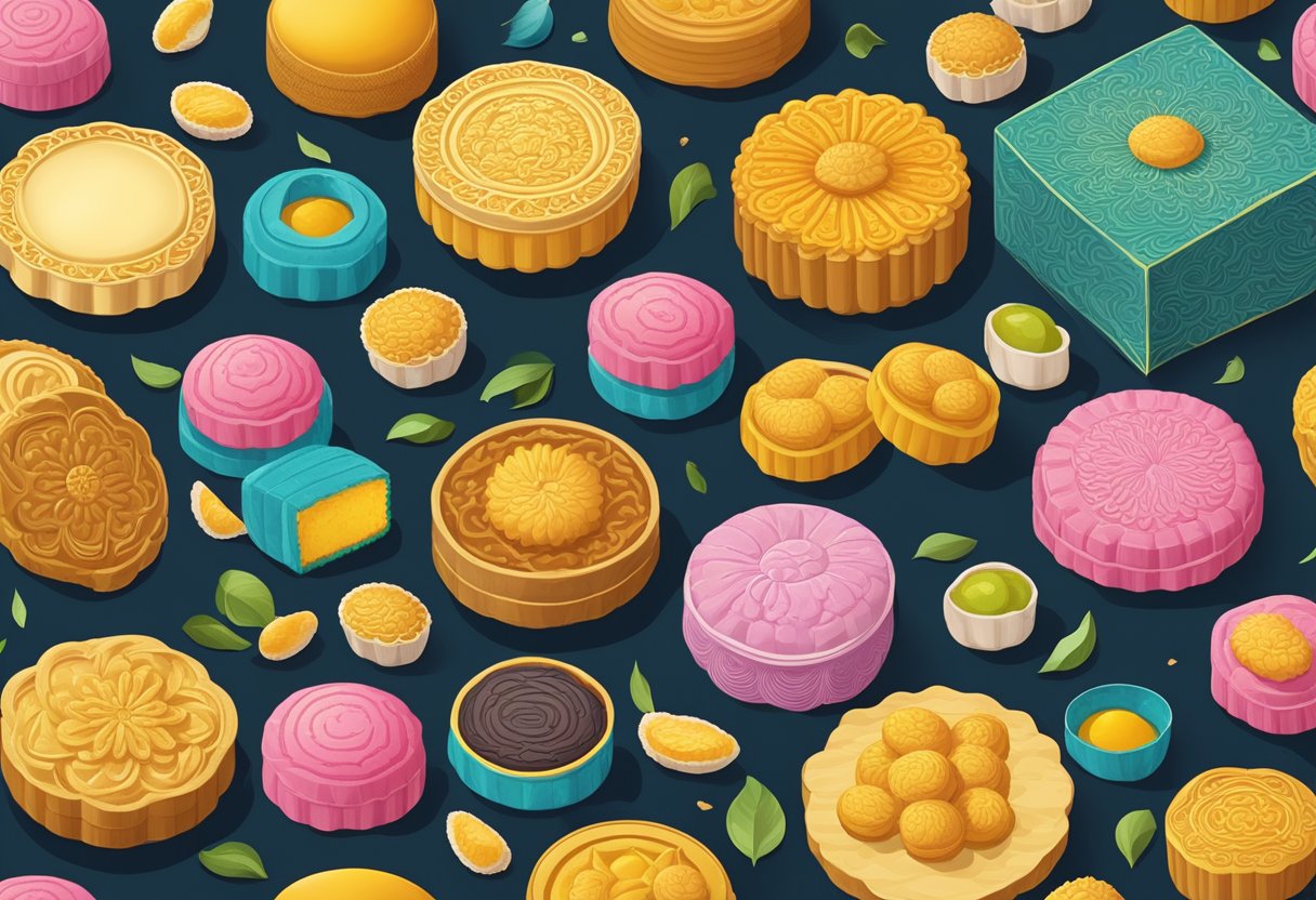 A table displays various mooncake types with modern twists, such as durian and salted egg yolk flavors, at a vibrant Mooncake Festival in Singapore