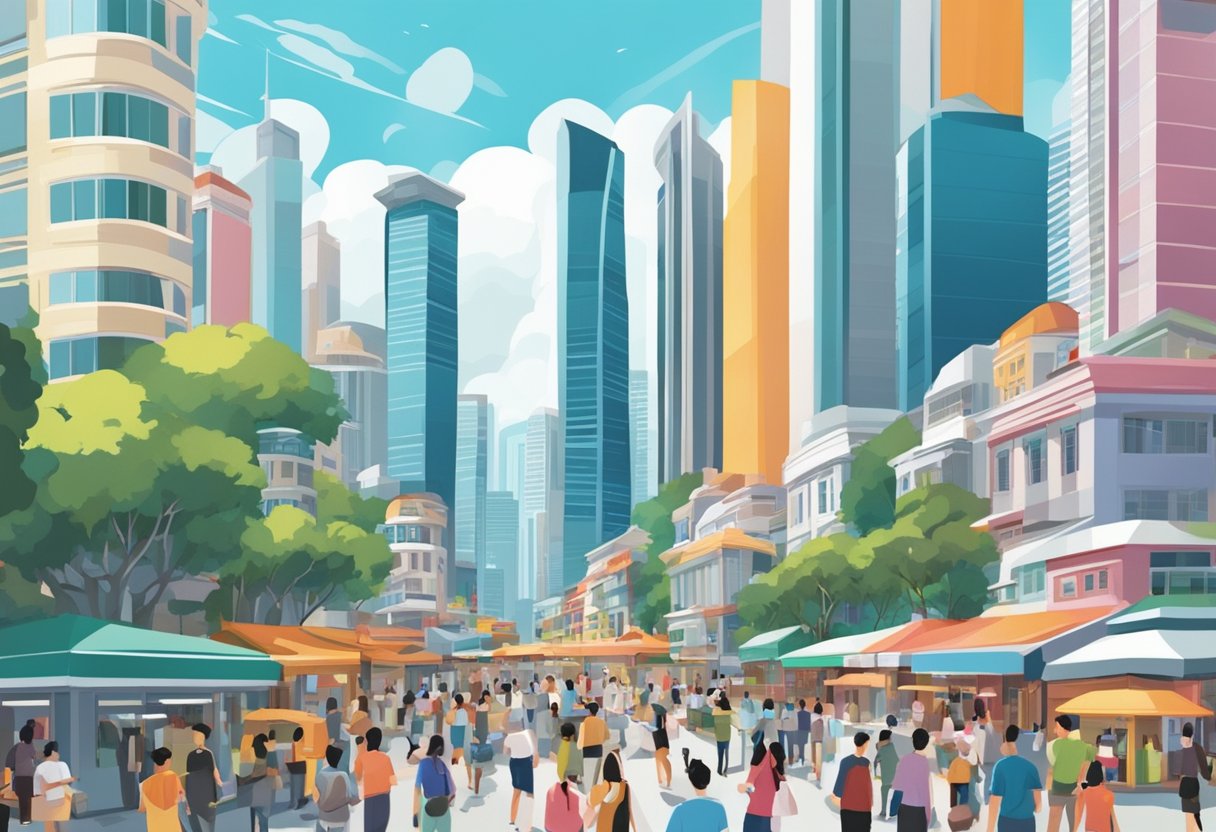 A bustling cityscape with modern skyscrapers and vibrant street life in Singapore