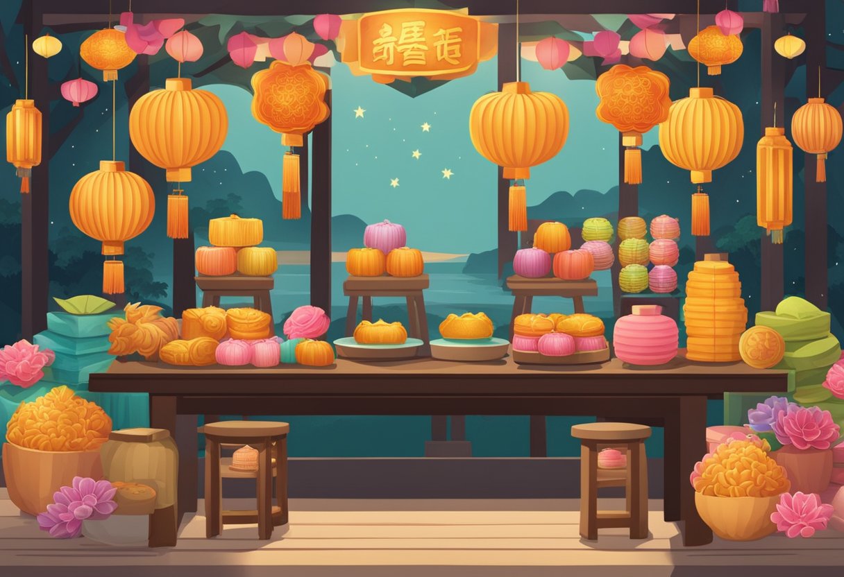 A table filled with mooncakes, lanterns, and festival decorations in Singapore. A sign reads "Frequently Asked Questions Mooncake Festival."