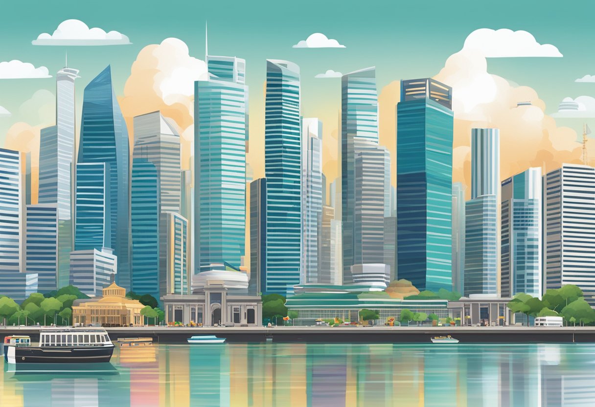 A bustling cityscape with skyscrapers and financial institutions, representing Singapore's economic performance and policies