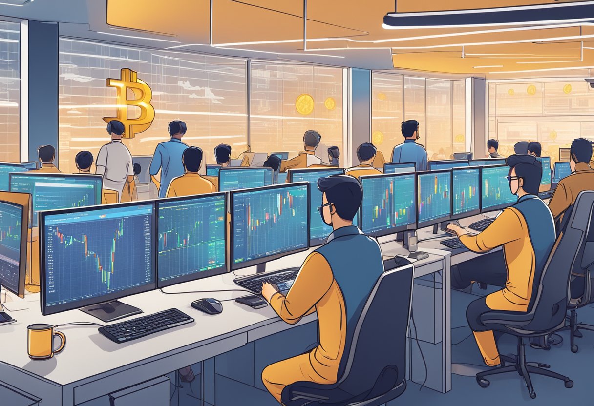 A bustling cryptocurrency exchange in Singapore, with traders at their desks and digital screens displaying fluctuating prices