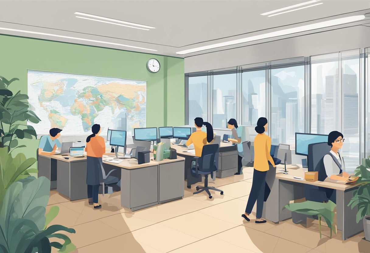 A bustling office with people seeking information, a sign reading "Frequently Asked Questions" at the front desk, and a map of Singapore on the wall