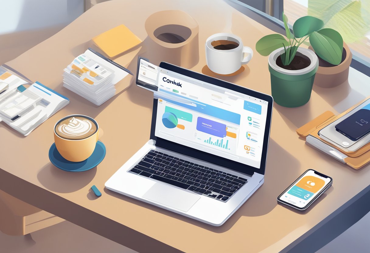 A laptop open on a desk, showing the Coinhako website. A smartphone with the Coinhako app is next to it. A cup of coffee sits nearby