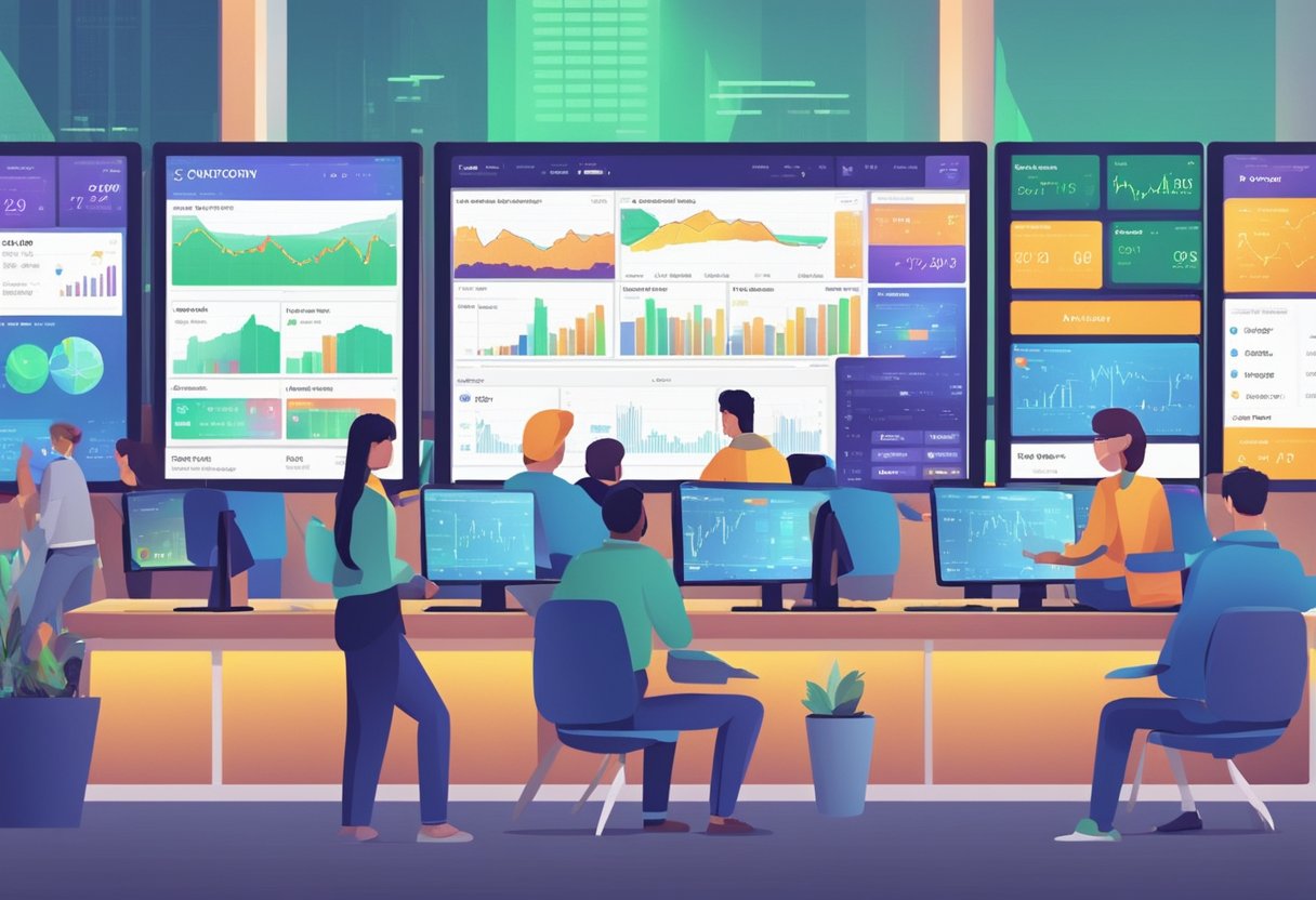 A bustling cryptocurrency exchange, with digital screens displaying live trading data. Customers are seen buying and selling various cryptocurrencies on the platform