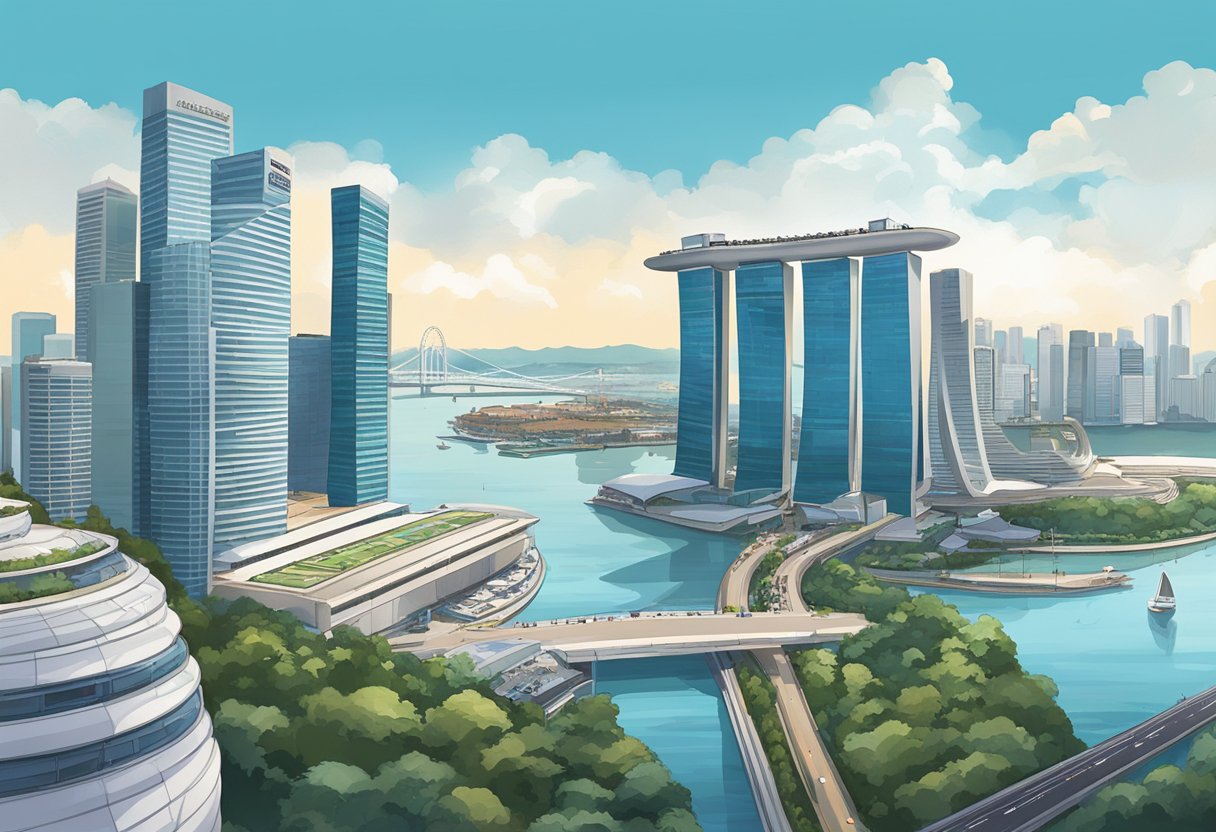The observation deck in Singapore offers a panoramic view of the city skyline, with towering skyscrapers and a bustling harbor below. The iconic Marina Bay Sands hotel and the Singapore Flyer can be seen in the distance