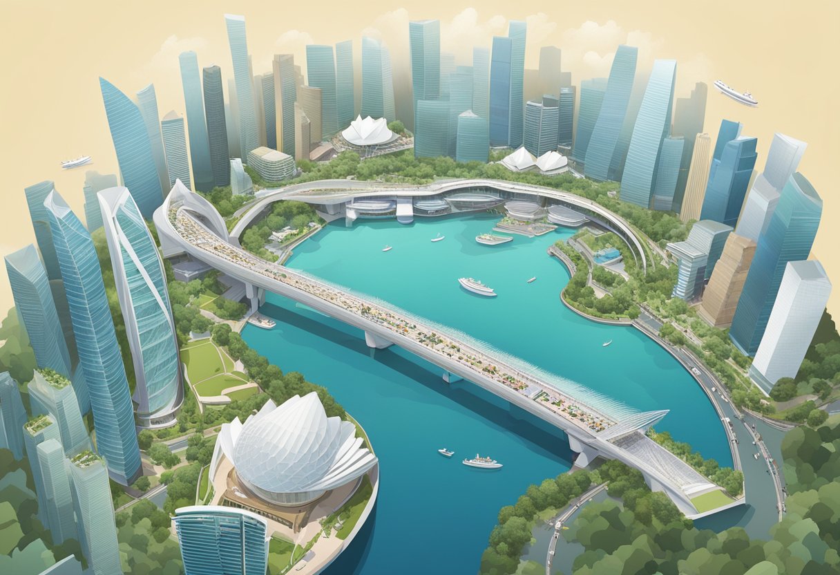 A bird's-eye view of Marina Bay Sands Skypark Observation Deck with city skyline, bay, and iconic architecture
