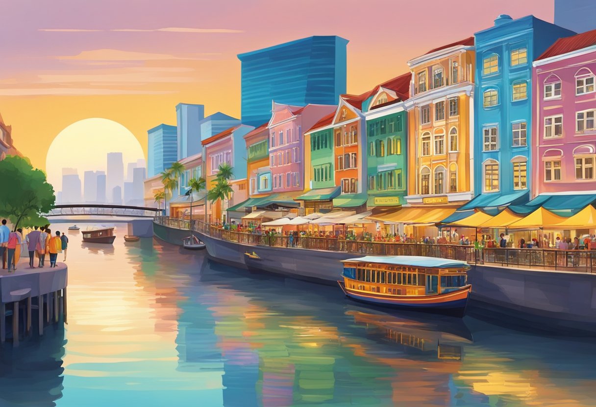 Vibrant Clarke Quay, Singapore. Colorful buildings line the river, reflecting in the water. Boats float by, and people gather at outdoor cafes