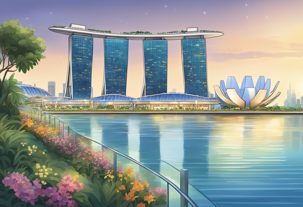 The observation deck overlooks Marina Bay's attractions, including the iconic skyline, Gardens by the Bay, and the sparkling waters of the bay