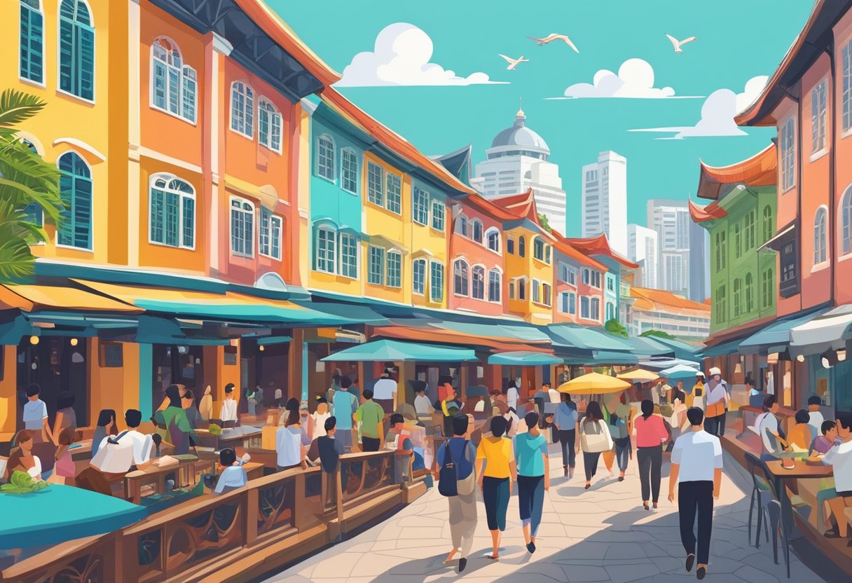 People strolling along the colorful waterfront of Clarke Quay, with vibrant buildings, bustling restaurants, and boats cruising on the Singapore River