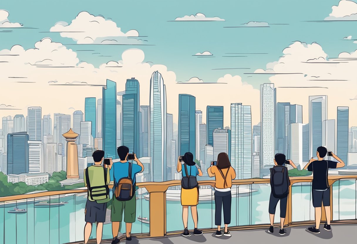 Visitors gaze at cityscape from observation deck in Singapore. Tourists take photos and ask questions. Skyline stretches out below