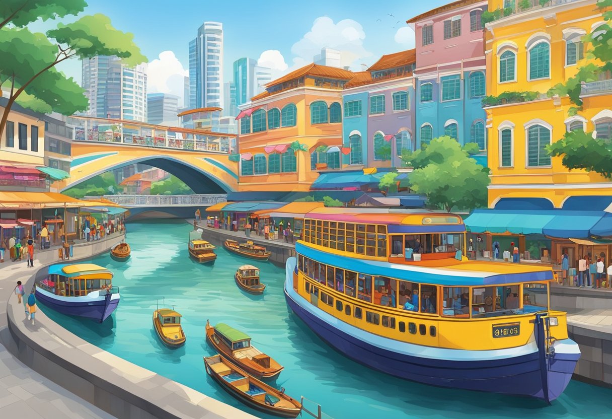 Colorful boats line the river at Clarke Quay, with vibrant buildings in the background. A bustling street is filled with taxis and buses, and a bridge spans the waterway