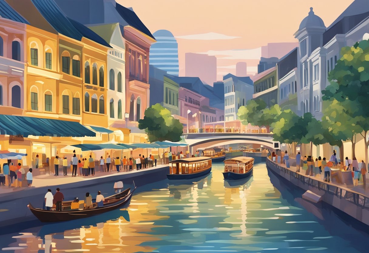 Tourists gather at Clarke Quay, Singapore. Brightly lit buildings reflect in the water, while boats cruise along the river. A bustling atmosphere with restaurants and shops lining the waterfront