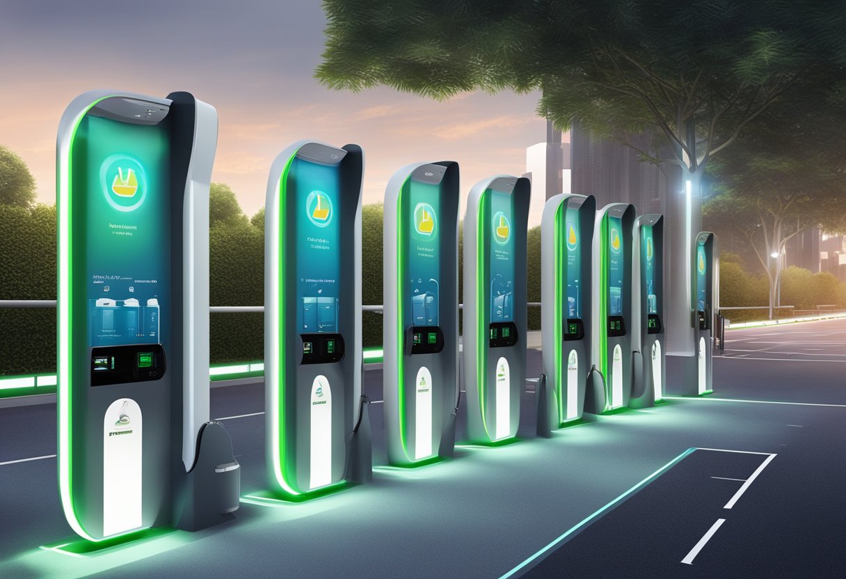 A row of EV charging stations in Singapore, with sleek, modern designs and bright, illuminated displays
