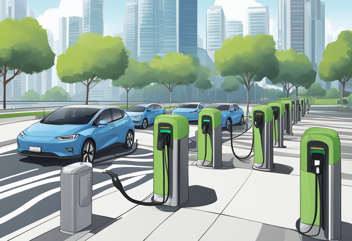 A row of electric vehicle charging stations in Singapore, with cars plugged in and the city skyline in the background